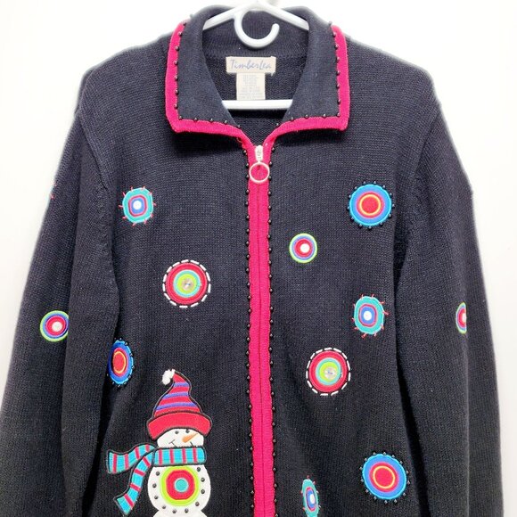 Timberlea Christmas Snowman Cardigan XL Black Sweater Ramie Colorful Embroidery - Picture 9 of 12